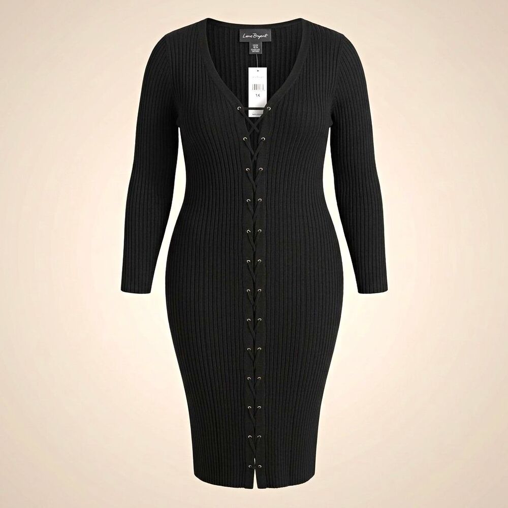 New Lane Bryant Black Knit Bodycon Dress Gold Accents Size XL